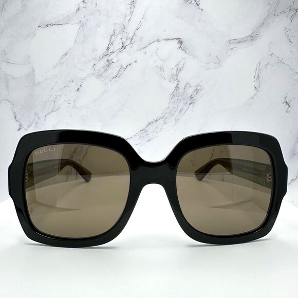 New Gucci Sunglasses Black Square Red Green Web Arms Gold Metal GG Logo